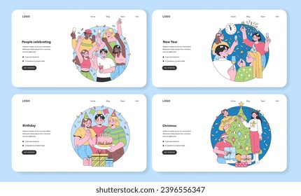 Celebration Moments web or landing set. Diverse groups enjoy festive occasions, from casual gatherings to holiday cheer. Flat vector illustration.