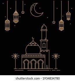 celebration of the month of Ramadan with lantern decorations and mosques isolated on a dark background. monoline style design vector illustration