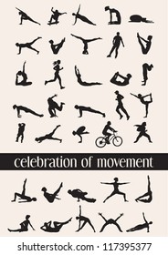 Celebration of movement in 35 human silhouettes in various moves