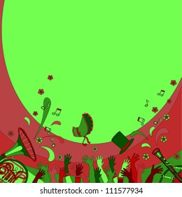 Celebration: multicolored music instruments and arms silhouettes drawn by hand in cartoon style. Vector illustration.