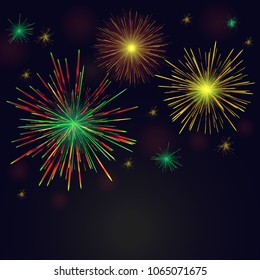 Celebration multicolored sparkling vector golden, green, red fireworks set over night sky. 4th of July Independence Day, New Year holidays background.