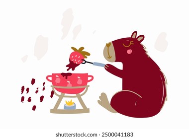 Celebration of National dessert day with this banner. A cute capybara and a fondue, melted chocolate and strawberries. Perfect for social media posts, candy shop. Delicious food.