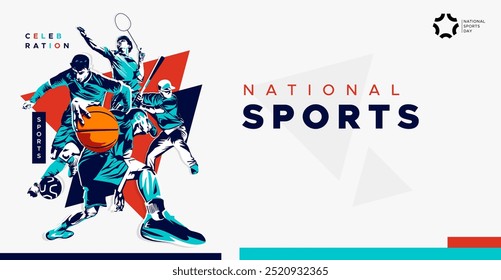 celebração do dia nacional do esporte com atletas de futebol, badminton, basquete, levantamento de peso e bola base. Conceito de jogo esportivo nacional. estilo de silhueta de atleta grunge. Exercício saudável