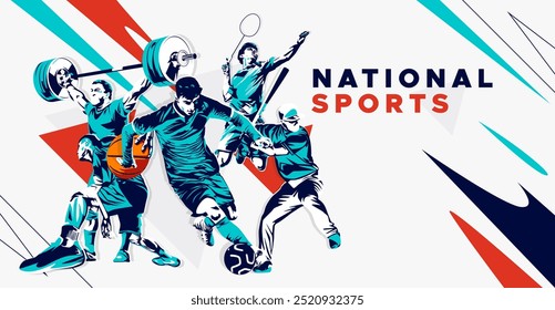 Celebración del Día Nacional del Deporte con atletas de fútbol, bádminton, baloncesto, levantamiento de pesas y pelota base. Concepto de juego nacional de deportes. silueta de atleta de estilo grunge. Ejercicio saludable