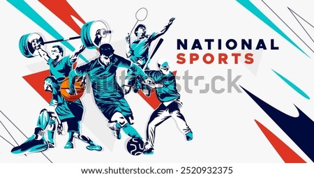 celebration of national sports day with athletes from football, badminton, basketball, weightlifting and base ball. National sports game concept. grunge style athlete silhouette. Healthy exercise