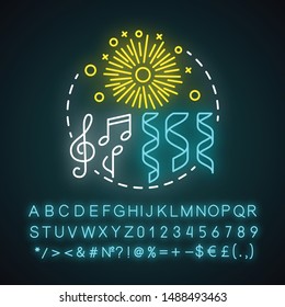 Celebration neon light concept icon. Festival, carnival, party fireworks idea. Festive event, holiday. Anniversary, special occasion. Glowing alphabet, numbers. Vector isolated illustration