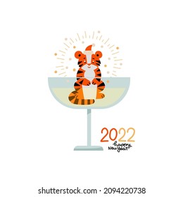 Celebration of new 2022 with year symbol, drink glass. Champagne saucer with sitting tiger in it. Festive flat vector postcard, holiday event poster. Celebrate party invitation.