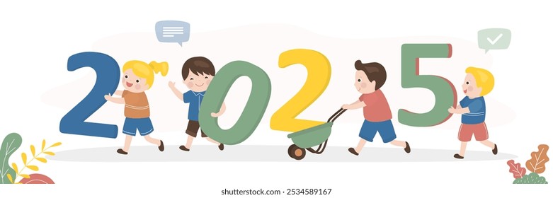 Celebration of new 2025 year. Group of preschool kids celebrate for new year 2025. Happy multi ethnic children carrying giant numbers. Horizontal banner. flat vector illustration