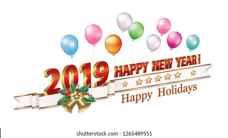 Celebration  New Year 2019. Postcard with balloons and bells. Vector illustration