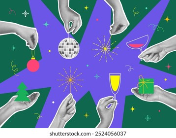 Celebration of new year and christmas, torn out or cut paper collage style. Vector halftone hands holding disco ball, bauble for pine tree decoration, champagne and wine in glasses, lights