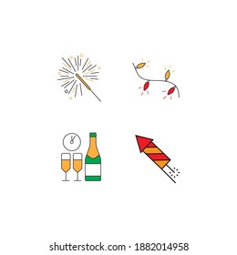 Celebración, juego de iconos de año nuevo. Ilustración vectorial. trazos editables.