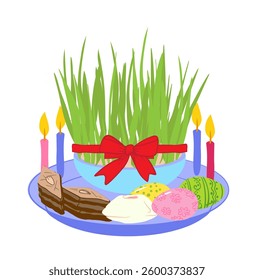 Celebration of Novruz with syamyan, oriental sweets, candle. east, Iranian, kazahstan, uzbekistan new year banner, poster design
