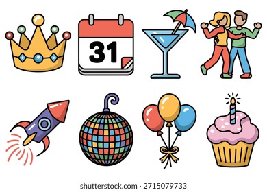 Objetos de celebración corona calendario cóctel bailando cohete bola de discoteca globos cupcake