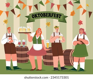 Celebración del Festival de Cervezas Oktoberfest. Ilustración de vectores planos de concepto de plagas. Ropa tradicional alemana. Los personajes masculinos y femeninos llevan traje bávaro y bailes de vestir celebran el Festival de Cerveza.