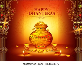 celebration on Happy Dhanteras festival of Diwali in India Gold coin in pot  
