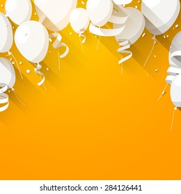 Fondo naranja de la celebración con globos planos y confeti. Ilustración vectorial. 