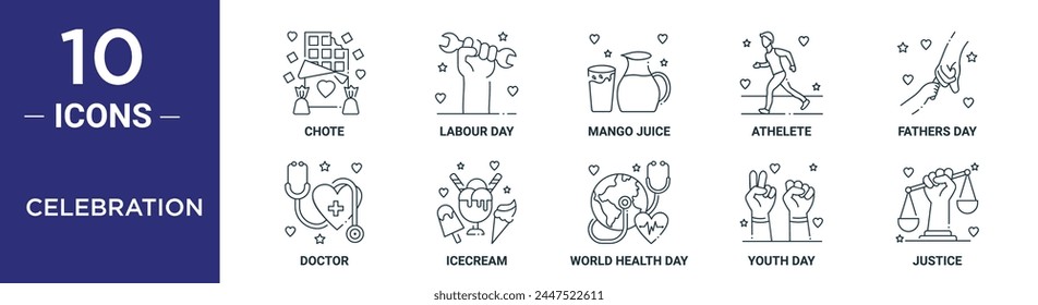 celebration outline icon set includes thin line chote, labour day, mango juice, athelete, fathers day, doctor, icecream icons for report, presentation, diagram, web design