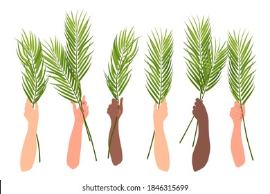 Celebration of palm Sunday in the Christian tradition. Hands are raised with palm branches, the hands of people of different nationalities celebrating a religious holiday. Isolated vector.