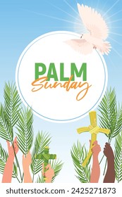 Celebration of Palm Sunday. Hands of people of different nationalities are raised with palm branches against the blue sky. The concept of the unity of the Christian faith. Vector postcard.