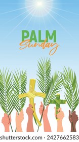 Celebration of Palm Sunday. Hands of people of different nationalities are raised with palm branches against the blue sky. The concept of the unity of the Christian faith. Vector postcard. artoon.