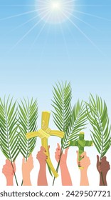 Celebration of Palm Sunday. Hands of people of different nationalities are raised with palm branches against the blue sky. The concept of the unity of the Christian faith. Vector postcard. Cartoon.