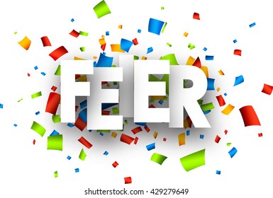 Celebration paper background with color confetti, German. Vector illustration.