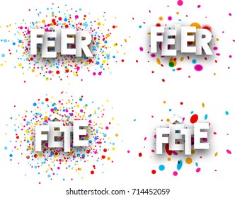 Celebration paper banners with color drops, German, French. Vector illustration.