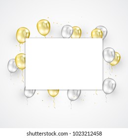 Celebration & Party Background With Gold Silver Confetti and Balloons. Congratulations And New Year 2019. Vector Illustration