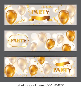 Celebration party background with golden balloons and serpentine. Greeting, invitation card or flyer.