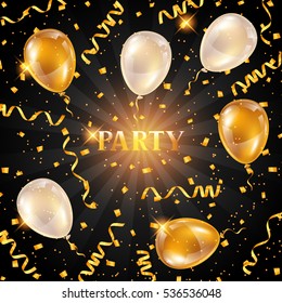 Celebration party background with golden balloons and serpentine. Greeting, invitation card or flyer.