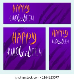 Celebration party background with stylized lettering characters of vampires fangs. Backgrounds/ Wallpapres/ Posters/ Cards/ Frames set. Happy Halloween greeting cards. Vector templates easy to edit. 