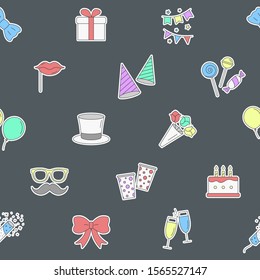 Celebration party background - Vector color seamless pattern of cake, gift, drink, balloon, confetti, hat, fireworks, mask, moustache, lip, candy and etc for graphic design