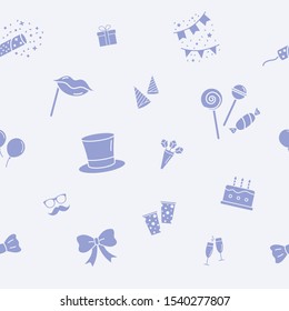 Celebration party background - Vector seamless pattern solid silhouettes of cake, gift, drink, balloon, confetti, hat, fireworks, mask, moustache, lip, candy and etc for graphic design