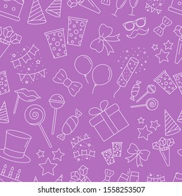 Celebration party background - Vector seamless pattern of cake, gift, drink, balloon, confetti, hat, fireworks, mask, moustache, lip, candy and etc for graphic design