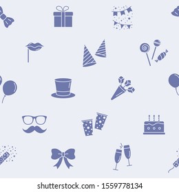 Celebration party background - Vector seamless pattern solid silhouettes of cake, gift, drink, balloon, confetti, hat, fireworks, mask, moustache, lip, candy and etc for graphic design