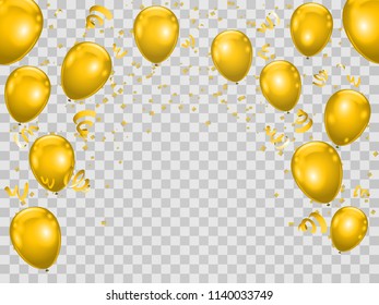 Celebration party background wiht golden balloons and ribbons. Vector illustration.
