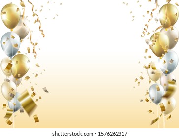 Celebration party with balloons, confetti, and streamer on golden background.