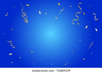 Celebration & Party Banner Background With Falling Golden Tiny Confetti And Ribbon. Vector Illustration