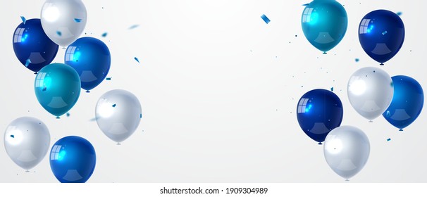 Banner de la fiesta de celebración con fondo de globos de color azul. Ilustración del vector de venta. Gran tarjeta de apertura de bienvenida de lujo rico. plantilla de marco.