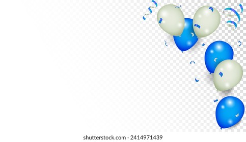 Fest-Party-Banner mit blauen Farbballons auf transparentem Hintergrund. Geschenkbox, Ballons, Champagner. Handgeschriebene Schrift. Geburtstagsfeier, Feiern, Glückwunsch, Einladungskonzept.