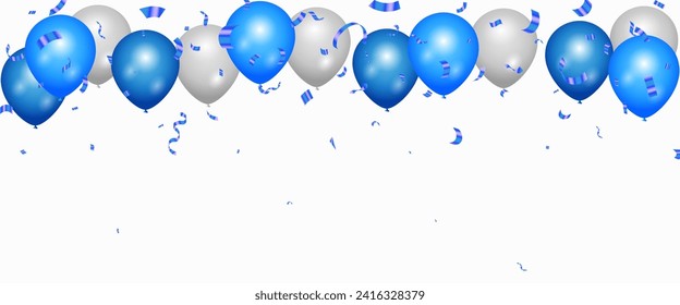 Banner de la fiesta de celebración con fondo de globos de color azul. Ilustración vectorial de globo azul y blanco sobre fondo transparente. 