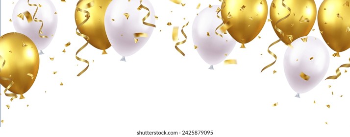 Banner de fiesta de celebración con globos de color y fondo de confeti. Gran tarjeta de apertura de lujo de felicitación rica. elemento de decoración para la celebración del día de nacimiento diseño de tarjeta de felicitación. Ilustración de vector