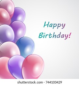Celebration party banner with colorful shining balloons frame with place for text. Greeting, invitation card or flyer. Flying pink, purple and blue pearl balloons