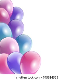 Celebration party banner with colorful shining balloons frame with place for text. Greeting, invitation card or flyer. Flying pink, purple and blue pearl balloons