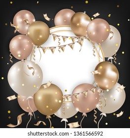 Celebration party banner with glossy balloons, confetti, serpentine, lights, sparkles, round frame and space for text. Greeting card for events, sales, birthday, holidays. Vector background.