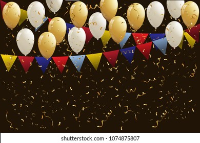 Celebration party banner with Gold balloons confetti black background. Vector illustration.