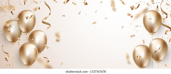 Celebration party banner with Gold balloons background. Sale Vector illustration. Grand Opening Card luxury greeting rich.