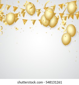 Celebration party banner with Gold balloons confetti background. Vector illustration.