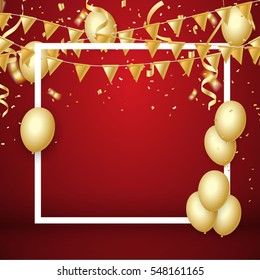 Celebration party banner with Gold balloons confetti background. Vector illustration.