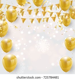 Celebration party banner with Gold balloons confetti background. Vector illustration. with beautiful various snowflakes